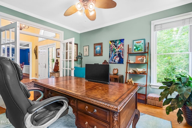 7401 Heartland Dr, Wake Forest, NC 27587 - office with a ceiling fan, ornamental molding, french doors, wood finished floors, and baseboards