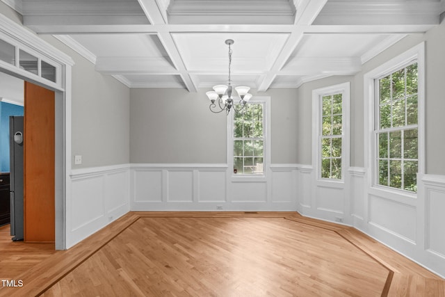 297 Curragh Cv, Fuquay Varina, NC 27526 - unfurnished dining area with a chandelier, light wood finished floors, beam ceiling, a wainscoted wall, and coffered ceiling