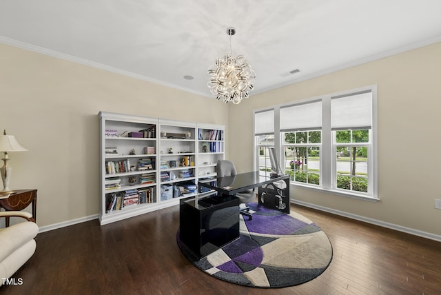 123 Turnstone Dr, Durham, NC 27703 - living area with baseboards, ornamental molding, a chandelier, hardwood / wood-style flooring, and a desk