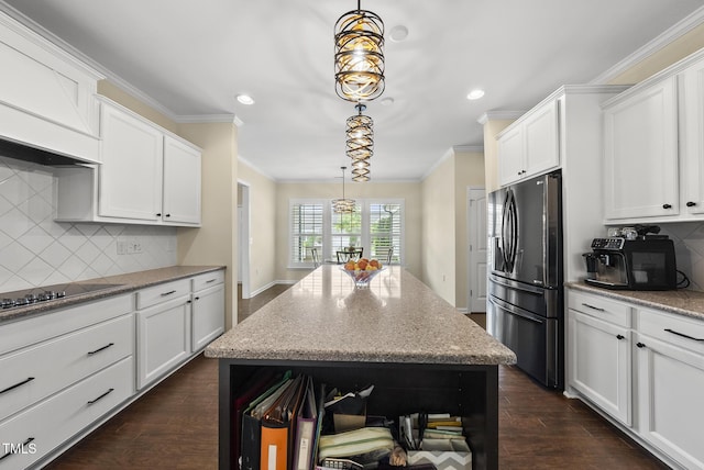 123 Turnstone Dr, Durham, NC 27703 - kitchen with stainless steel fridge with ice dispenser, crown molding, white cabinetry, recessed lighting, and black electric cooktop