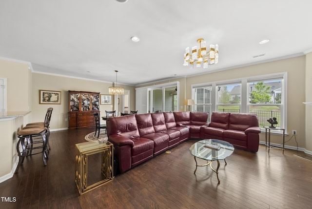 123 Turnstone Dr, Durham, NC 27703 - living room featuring a chandelier, baseboards, ornamental molding, dark wood-style floors, and recessed lighting