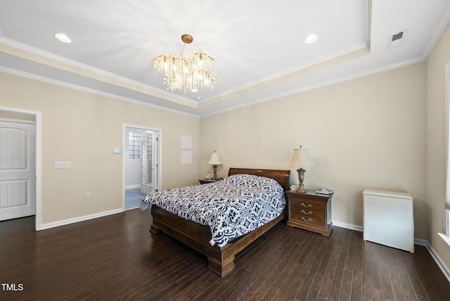 123 Turnstone Dr, Durham, NC 27703 - bedroom with a chandelier, wood finished floors, baseboards, crown molding, and a raised ceiling