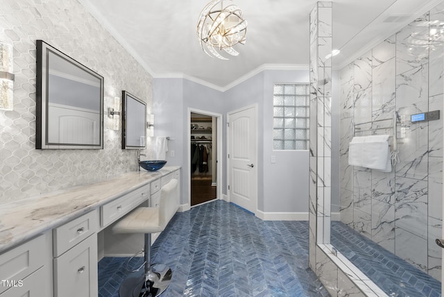123 Turnstone Dr, Durham, NC 27703 - full bathroom featuring a marble finish shower, baseboards, vanity, tasteful backsplash, and crown molding