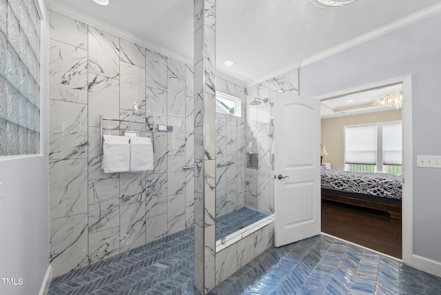 123 Turnstone Dr, Durham, NC 27703 - ensuite bathroom featuring ornamental molding, a marble finish shower, and recessed lighting