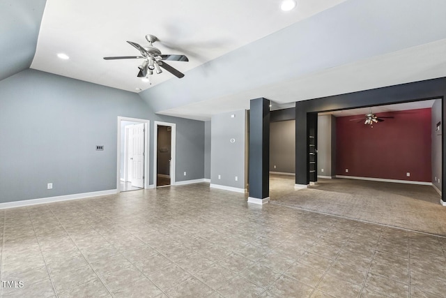 825 Highwater Pl, Fuquay Varina, NC 27526 - unfurnished living room featuring ceiling fan, vaulted ceiling, and recessed lighting