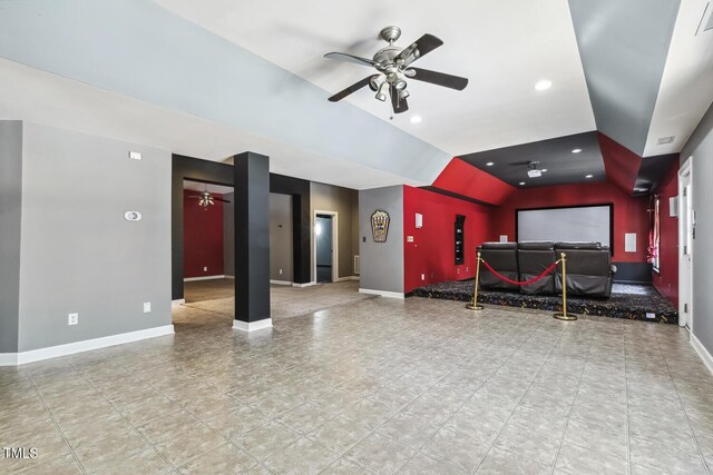 825 Highwater Pl, Fuquay Varina, NC 27526 - home theater featuring ceiling fan, lofted ceiling, and recessed lighting