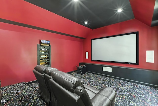 825 Highwater Pl, Fuquay Varina, NC 27526 - home theater room featuring carpet, lofted ceiling, and recessed lighting