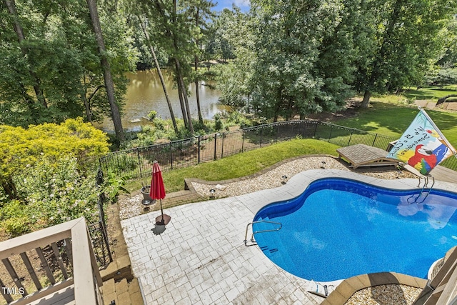 825 Highwater Pl, Fuquay Varina, NC 27526 - view of pool featuring a water view, a fenced backyard, a patio area, and view of scattered trees