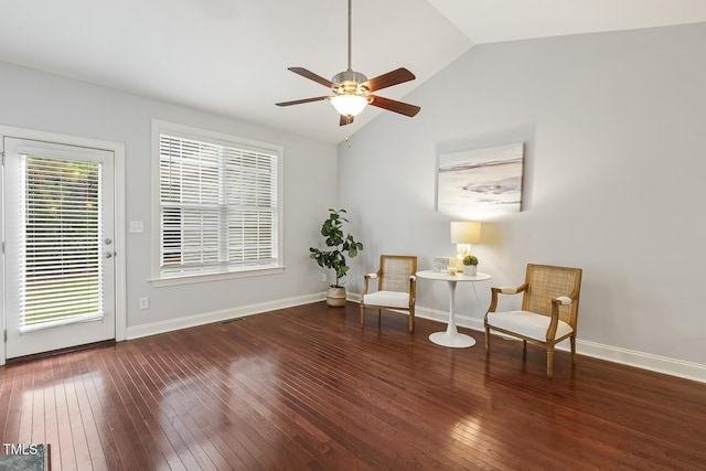 853 Bluffcreek Dr, Fuquay Varina, NC 27526 - living area featuring hardwood / wood-style flooring, vaulted ceiling, and ceiling fan