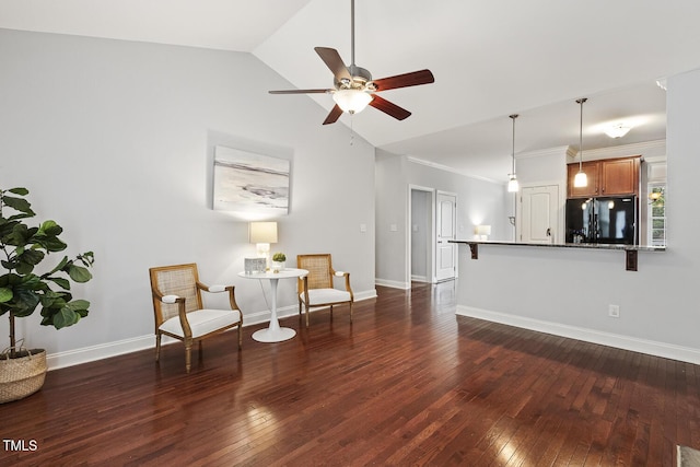 853 Bluffcreek Dr, Fuquay Varina, NC 27526 - sitting room featuring dark wood-style floors, a ceiling fan, and high vaulted ceiling