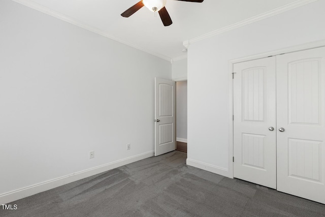 853 Bluffcreek Dr, Fuquay Varina, NC 27526 - unfurnished bedroom with carpet flooring, ornamental molding, a closet, and ceiling fan