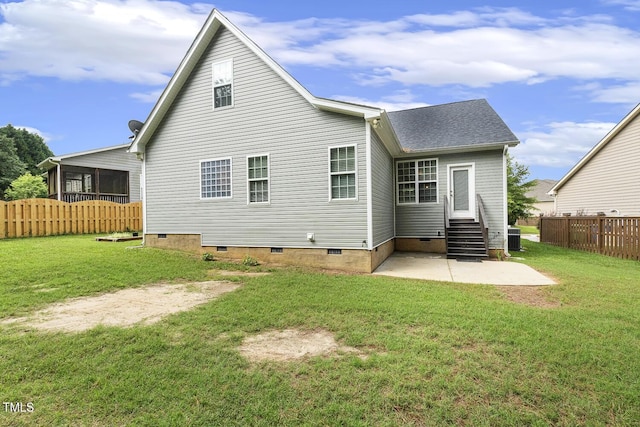 853 Bluffcreek Dr, Fuquay Varina, NC 27526 - back of house featuring crawl space, entry steps, a patio area, and roof with shingles