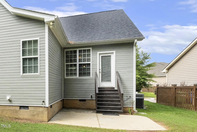 853 Bluffcreek Dr, Fuquay Varina, NC 27526 - back of property with crawl space, a patio area, a shingled roof, and entry steps