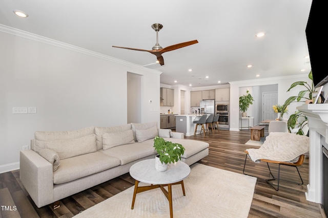 2128 Jollay St, Durham, NC 27703 - living area featuring ornamental molding, recessed lighting, ceiling fan, baseboards, and dark wood-style floors