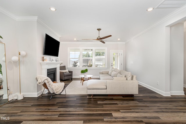 2128 Jollay St, Durham, NC 27703 - living room with a glass covered fireplace, baseboards, dark wood finished floors, recessed lighting, and a ceiling fan