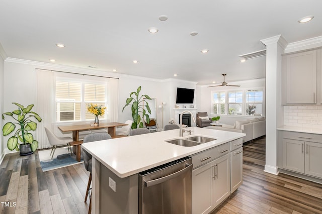 2128 Jollay St, Durham, NC 27703 - kitchen with dishwasher, a sink, gray cabinets, a ceiling fan, and ornamental molding
