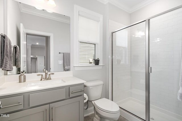 2128 Jollay St, Durham, NC 27703 - bathroom with ornamental molding, vanity, toilet, and a stall shower