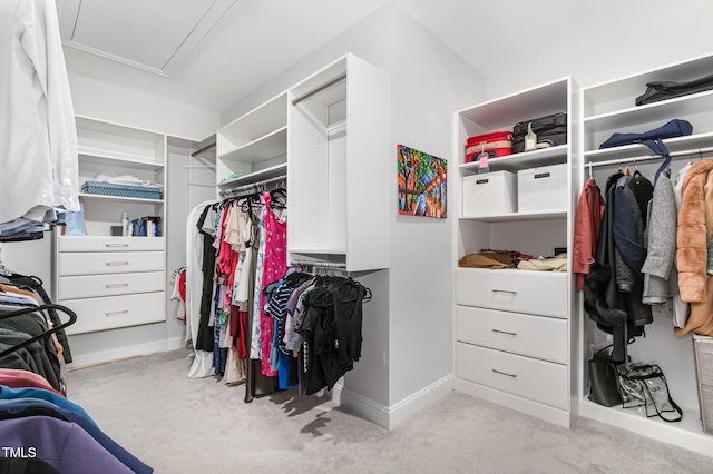 2128 Jollay St, Durham, NC 27703 - walk in closet featuring light colored carpet and attic access