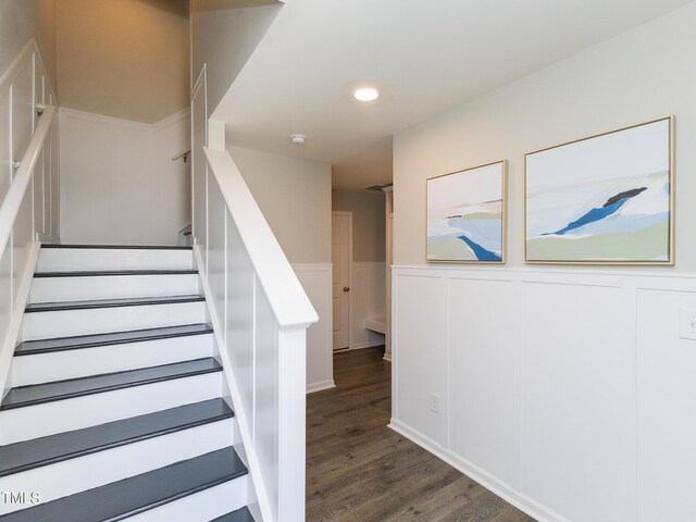 601 Grand Central Sta, Apex, NC 27502 - staircase featuring wood finished floors, recessed lighting, and wainscoting