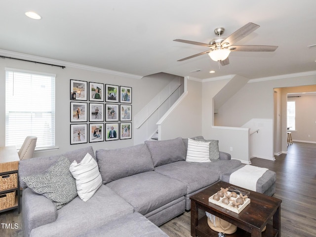 601 Grand Central Sta, Apex, NC 27502 - living area featuring wood finished floors, a ceiling fan, crown molding, recessed lighting, and baseboards