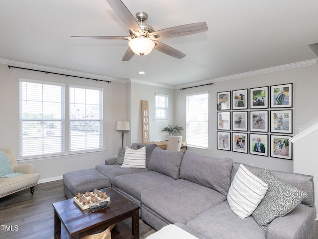 601 Grand Central Sta, Apex, NC 27502 - living area with crown molding, wood finished floors, ceiling fan, baseboards, and recessed lighting