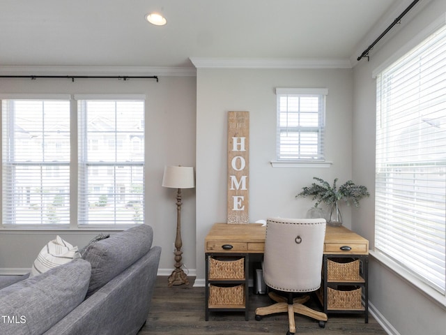 601 Grand Central Sta, Apex, NC 27502 - office area with ornamental molding, dark wood-style floors, baseboards, and recessed lighting