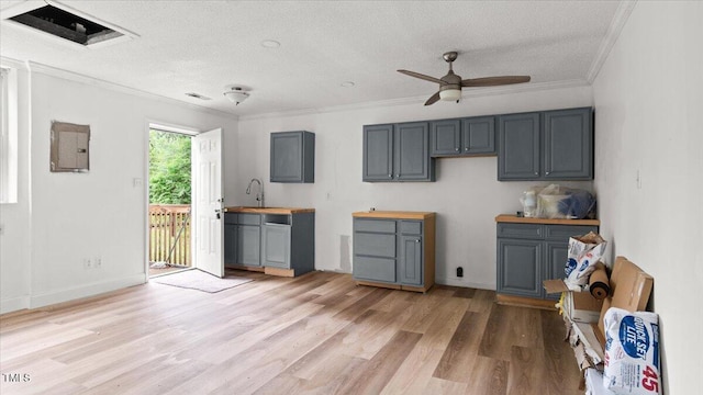 2396 Spring Valley Rd, Henderson, NC 27537 - kitchen featuring a ceiling fan, a textured ceiling, crown molding, light wood-style floors, and a sink
