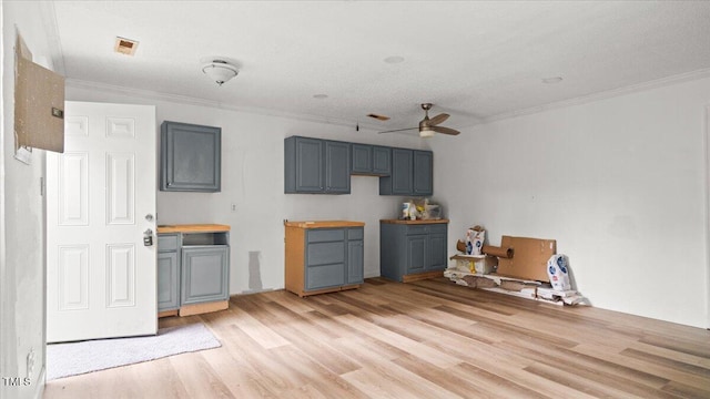 2396 Spring Valley Rd, Henderson, NC 27537 - kitchen with light wood-style floors, a ceiling fan, crown molding, and gray cabinetry