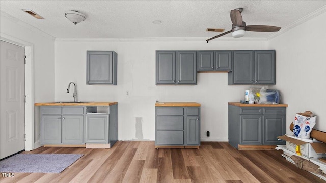 2396 Spring Valley Rd, Henderson, NC 27537 - kitchen featuring a sink, a ceiling fan, ornamental molding, wood finished floors, and gray cabinets