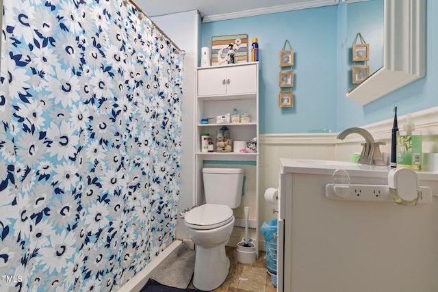 819 Corbin St, Albemarle, NC 28001 - bathroom with toilet, wainscoting, curtained shower, vanity, and ornamental molding