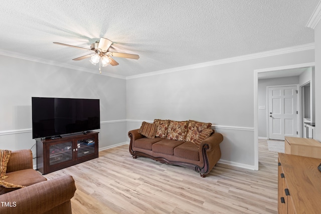 509 Forest Ridge Rd, Garner, NC 27529 - living room with light wood-type flooring, ceiling fan, a textured ceiling, and crown molding