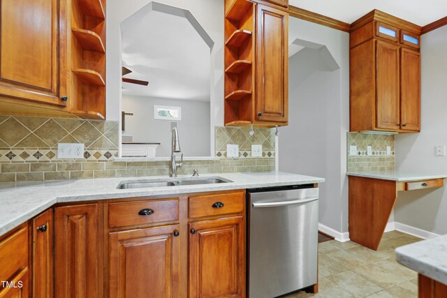 104 Shady Ridge Ct, Apex, NC 27502 - kitchen with open shelves, dishwasher, a sink, and light stone countertops