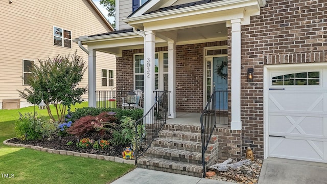 3032 Curling Creek Dr, Apex, NC 27502 - doorway to property featuring brick siding, covered porch, and an attached garage