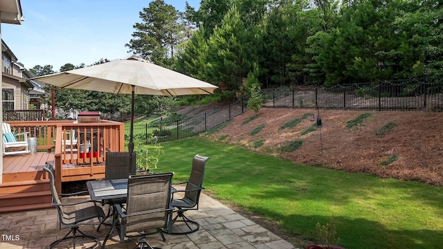 3032 Curling Creek Dr, Apex, NC 27502 - fenced backyard with outdoor dining area, a wooden deck, and a patio area