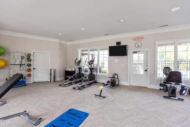 3032 Curling Creek Dr, Apex, NC 27502 - workout area featuring carpet flooring, crown molding, and recessed lighting