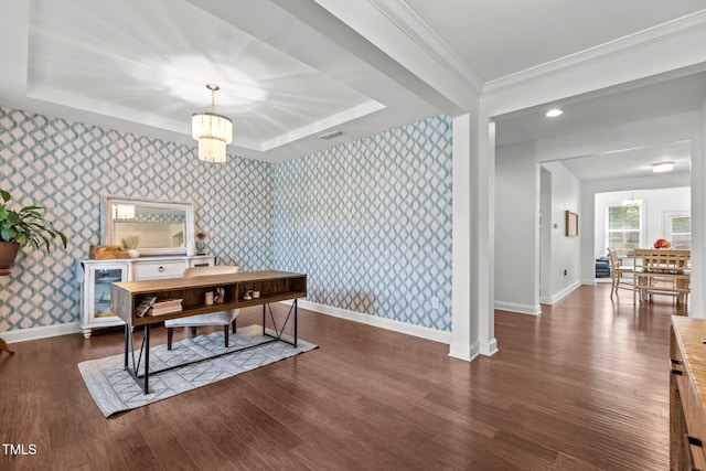 3032 Curling Creek Dr, Apex, NC 27502 - office space featuring wallpapered walls, wood finished floors, a chandelier, crown molding, and a raised ceiling