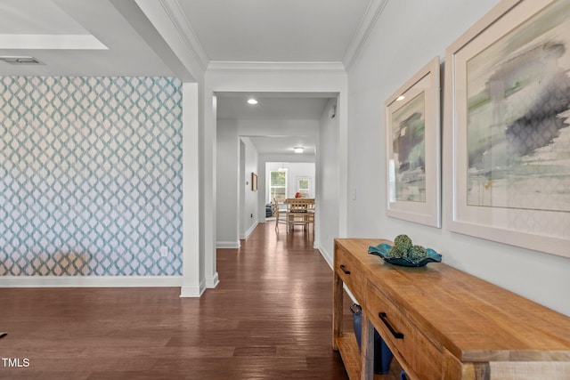 3032 Curling Creek Dr, Apex, NC 27502 - hallway featuring ornamental molding, dark wood-type flooring, and recessed lighting