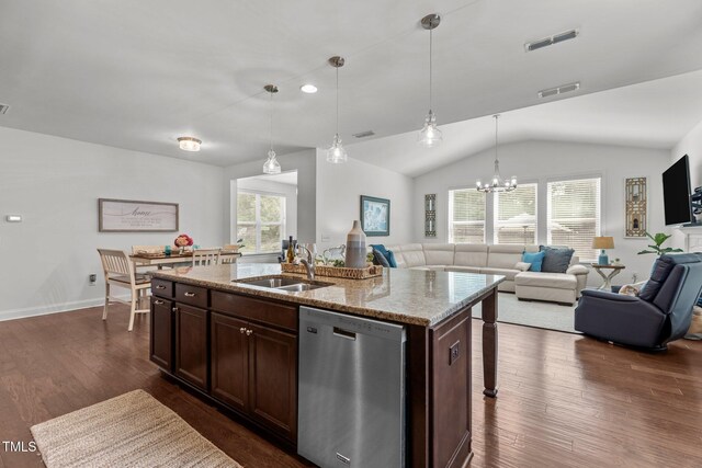 3032 Curling Creek Dr, Apex, NC 27502 - kitchen featuring dishwasher, open floor plan, vaulted ceiling, dark wood-style flooring, and a chandelier