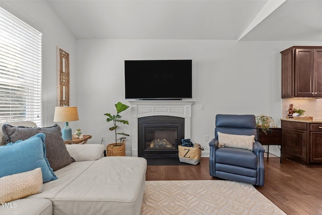 3032 Curling Creek Dr, Apex, NC 27502 - living area featuring dark wood-type flooring and a fireplace with flush hearth