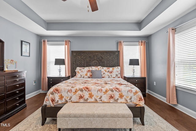 3032 Curling Creek Dr, Apex, NC 27502 - bedroom featuring a raised ceiling, dark wood-type flooring, and multiple windows