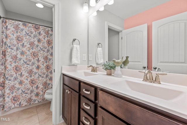 3032 Curling Creek Dr, Apex, NC 27502 - full bathroom featuring double vanity, tile patterned flooring, and a shower with curtain