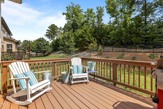 3032 Curling Creek Dr, Apex, NC 27502 - wooden deck featuring a fenced backyard and view of scattered trees
