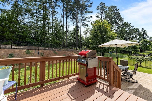 3032 Curling Creek Dr, Apex, NC 27502 - wooden terrace featuring a fenced backyard, outdoor dining space, a grill, and view of wooded area