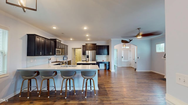 421 Old Ride Dr, Holly Springs, NC 27540 - kitchen with appliances with stainless steel finishes, ornamental molding, light countertops, dark wood-type flooring, and ceiling fan