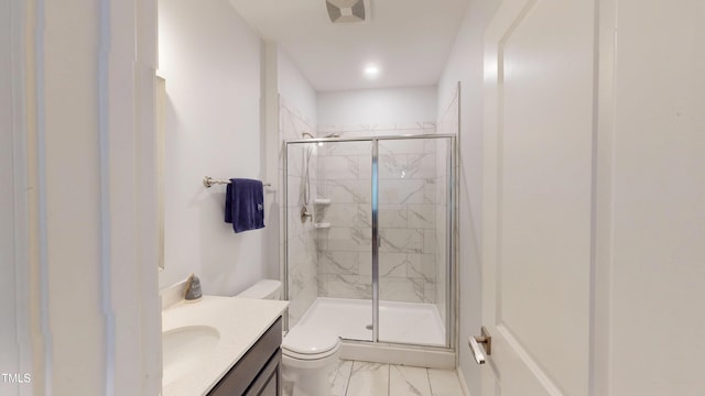 421 Old Ride Dr, Holly Springs, NC 27540 - bathroom featuring marble finish flooring, a marble finish shower, toilet, vanity, and recessed lighting