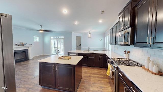 421 Old Ride Dr, Holly Springs, NC 27540 - kitchen with stainless steel appliances, a sink, open floor plan, decorative backsplash, and a glass covered fireplace