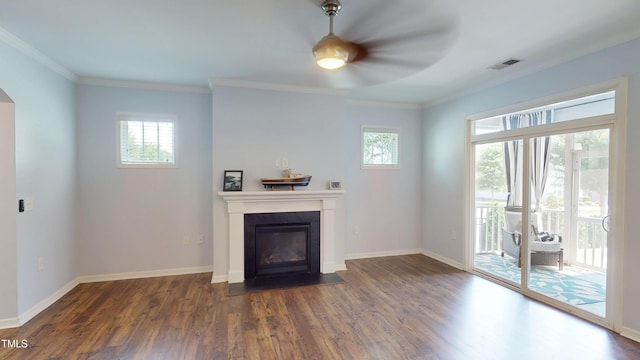 421 Old Ride Dr, Holly Springs, NC 27540 - living room with dark wood-style floors, a fireplace with flush hearth, baseboards, crown molding, and ceiling fan
