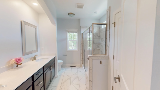 421 Old Ride Dr, Holly Springs, NC 27540 - bathroom with vanity, toilet, a stall shower, marble look tiles, and recessed lighting