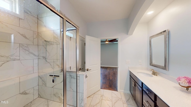 421 Old Ride Dr, Holly Springs, NC 27540 - full bathroom featuring vanity, a marble finish shower, marble finish floors, baseboards, and recessed lighting