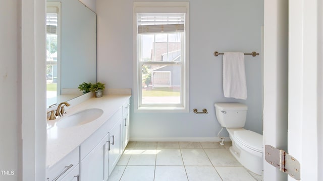 421 Old Ride Dr, Holly Springs, NC 27540 - half bath featuring toilet, vanity, baseboards, and tile patterned flooring